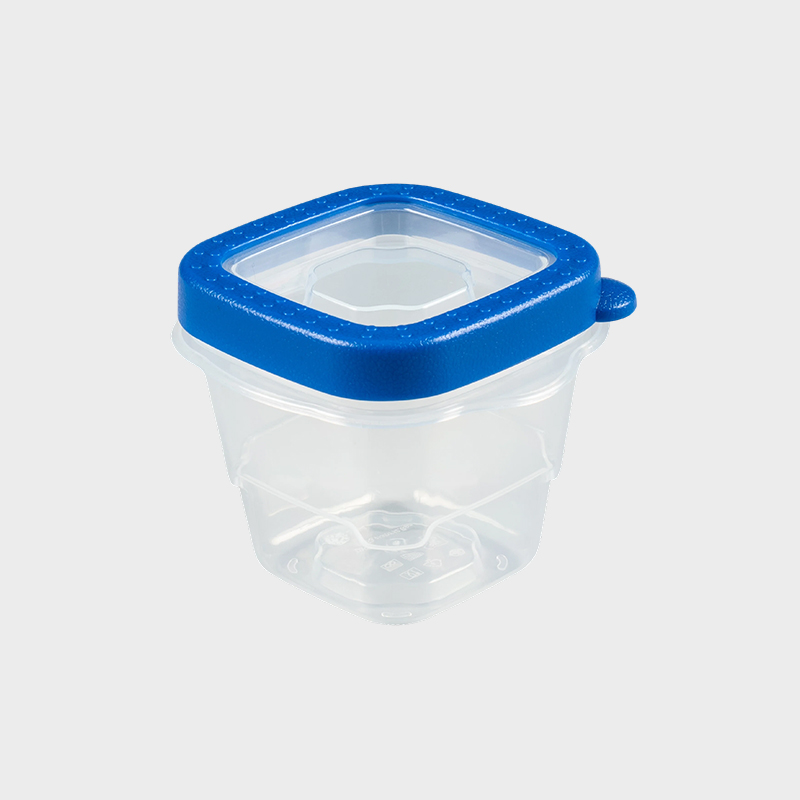 PFB023 118 ml (4-ounce) Miniatyr firkantet PP-matkonserveringsbeholder, 4-pakningssett med blå overstøpte lokk