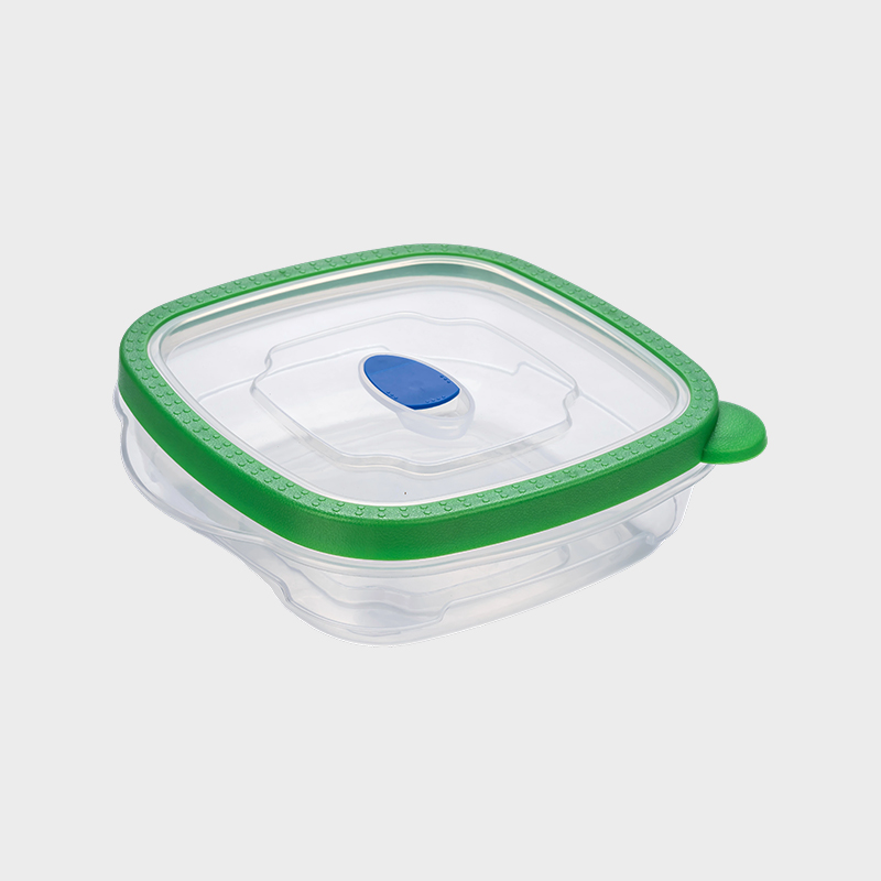 PFB027 710 ml bredbase, grunt firkantet PP matkonserveringsbeholder med ventilert grønt overstøpt lokk